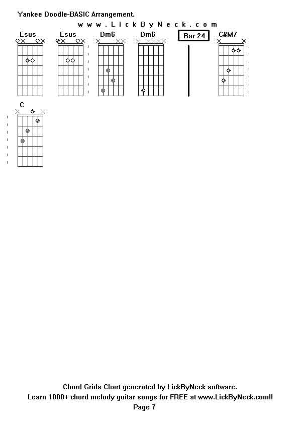 Chord Grids Chart of chord melody fingerstyle guitar song-Yankee Doodle-BASIC Arrangement,generated by LickByNeck software.